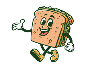 walking sandwich cartoon mascot illustration character vector clip art hand drawn