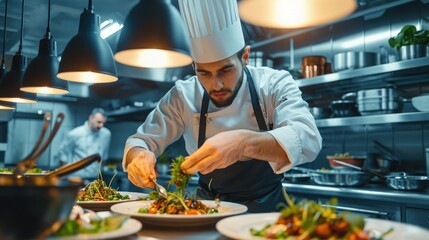 Male chef garnishing food with herb under light at commercial kitchen