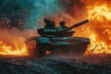 An Armored Tank Firing During Combat Over A Battlefield. Generative Ai.