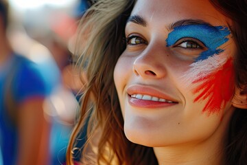 Wall Mural - woman watching the 2024 olympic summer games wearing makeup in the color of the french flag