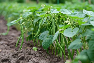 Canvas Print - Green beans growing in a garden in summer.