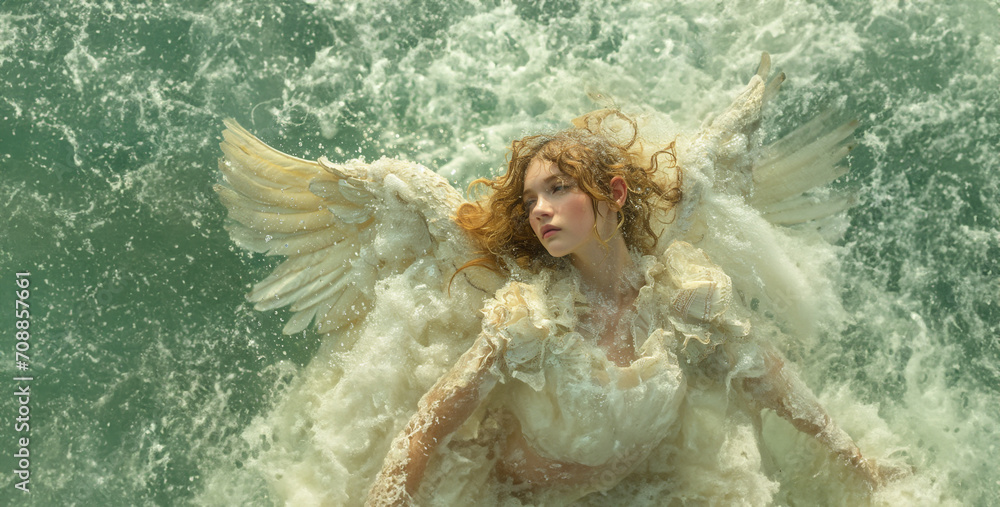 Fantasy Angel with Ethereal Wings and Flowing White Dress Floating in a ...