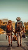 Fototapeta Zachód słońca - Elderly couple travelling. Vertical background