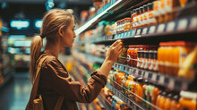 Woman Checking Label For Preservatives In Different Baby Food Jars At Supermarket, AI Generated
