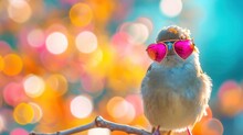 Love Bird In Heart Shaped Pink Sunglasses Against Bokeh Background. Valentine's Day 2024