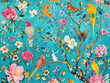 © AIPERA - Beautiful Timeless Classic Victorian style Poetic and Hand Painted Retro Fine Art canvas for wallpaper and background with Colorful Peacocks, birds, Flowers and plants, Nature-inspired and floral