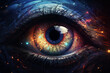 © Solid - A surreal digital rendering of an eye transforming into a cosmic galaxy, with stars and nebulae swirling within the iris, evoking a sense of wonder and mystery.