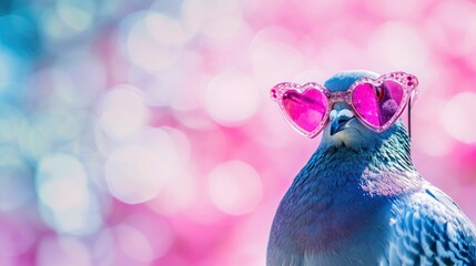 Wall Mural - pigeon in heart shaped pink sunglasses against bokeh background