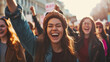 A dynamic shot capturing a group of women engaging in a march or protest, advocating for equality and women�s rights, women�s history month, hd, women�s rights march with copy spac