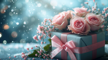 Wall Mural - Gifts, Flowers with Pastel Background. Valentines day theme concept, Generative Ai