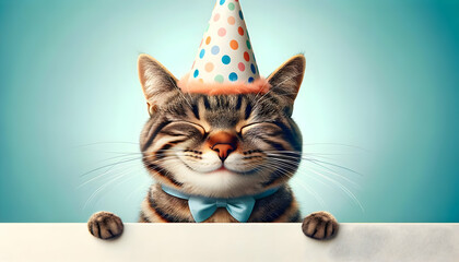 Wall Mural - Happy cute cat in party hat celebrating birthday	
