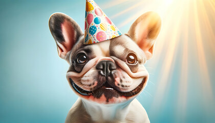 Wall Mural - Happy cute French bulldog dog in party hat celebrating birthday	
