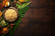 Traditional Thai Pongal foods are served on banana leaves. Festival day celebration with vegetarian meals rice and curries. Top view. Kerala food, cinnamon, milk rice, chutneys. Generative AI
