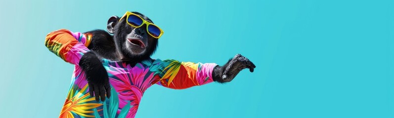 Monkey wearing colorful clothes dancing on blue background . Banner