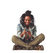 African American young woman happy smiling and siting using smart phone on the floor, Full body isolated on white background, png