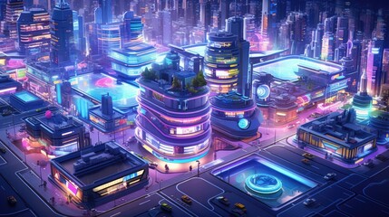 Wall Mural - Isometric cityscape with futuristic technology