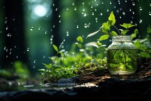 Raindrops Falling On A Jar Of Water With A Plant Inside It In The Middle Of A Forest