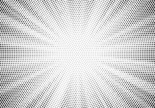 Halftone Gradient Sun Rays Pattern. Abstract Halftone Vector Dots Background. Monochrome Dots Pattern. Pop Art, Comic Small Dots. Star Rays Halftone Poster. Shine, Explosion. Sunrise Rays Background.	