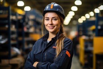 Wall Mural - Portrait of a young female engineer wearing a hard hat in a warehouse