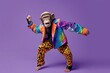 Monkey wearing colorful clothes dancing on purple background 