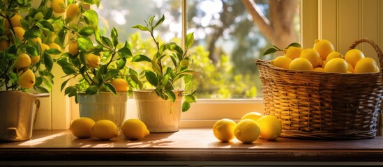 Wall Mural - Basket lemon grove in window background kitchen.