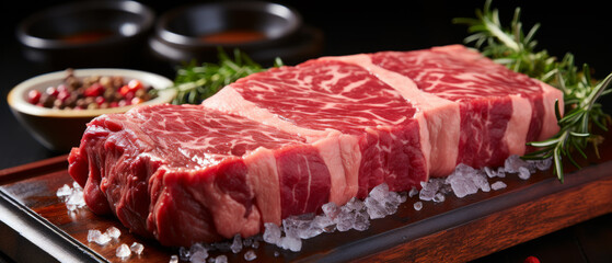 Raw, marbled Angus ribeye steak, ready for cooking, displayed on a wooden board with rosemary and spices.