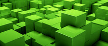 Futuristic And Minimal 3D Cube Pattern, Featuring Acid Green Blocks In A Clean, Geometric Arrangement.