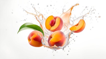 Wall Mural - Peaches with splashes of juice close-up, isolated on a white background