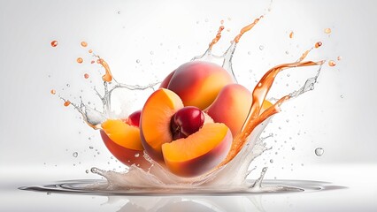 Peaches with splashes of juice close-up, isolated on a white background