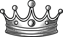 Crown King Engraved Vector Illustration Isolated On White Background. Hand Drawn Crown Ink Sketch.