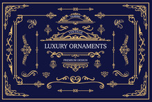 Ornate Vintage Frames And Scroll Elements. Classic Label With Gold Ornaments. Classic Calligraphy Swirls, Swashes, Dividers, Floral Motifs. Good For Greeting Cards, Wedding Invitations. Luxury Design