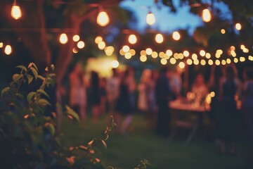 Wall Mural - Outdoor party with lamp garlands and many people silhouettes, blurred background. AI generative