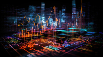 Poster - Close-up of a financial trading screen displaying market data with various colored candlestick charts, numerical values, and trend lines indicating stock performance.