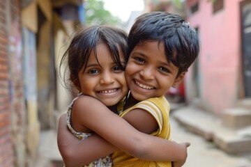 Portrait of a smiling Indian girl with her brother in the street