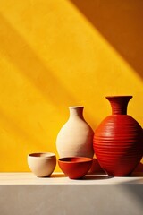 Old style vase and pot, red and yellow colors