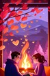 Couple spending quite tome near a fire. wallpaper or valentines day card decoration. 