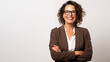 © Tahsin - A middle-aged brunette businesswoman with glasses, exuding confidence and professionalism, standing with poise over an isolated white background
