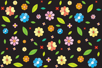 Wall Mural - Illustration pattern of flower with leaf on black background.