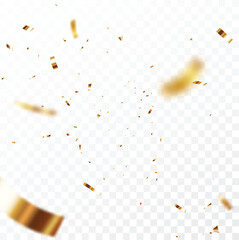 Wall Mural - gold confetti and ribbon background and banner, isolated on transparent background