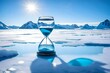 a captivating sight—an hourglass, its upper bulb filled with pure water, stands on a bed of shimmering ice. Beside it, a delightful penguin floats serenely, embracing the tranquil essence of its froze
