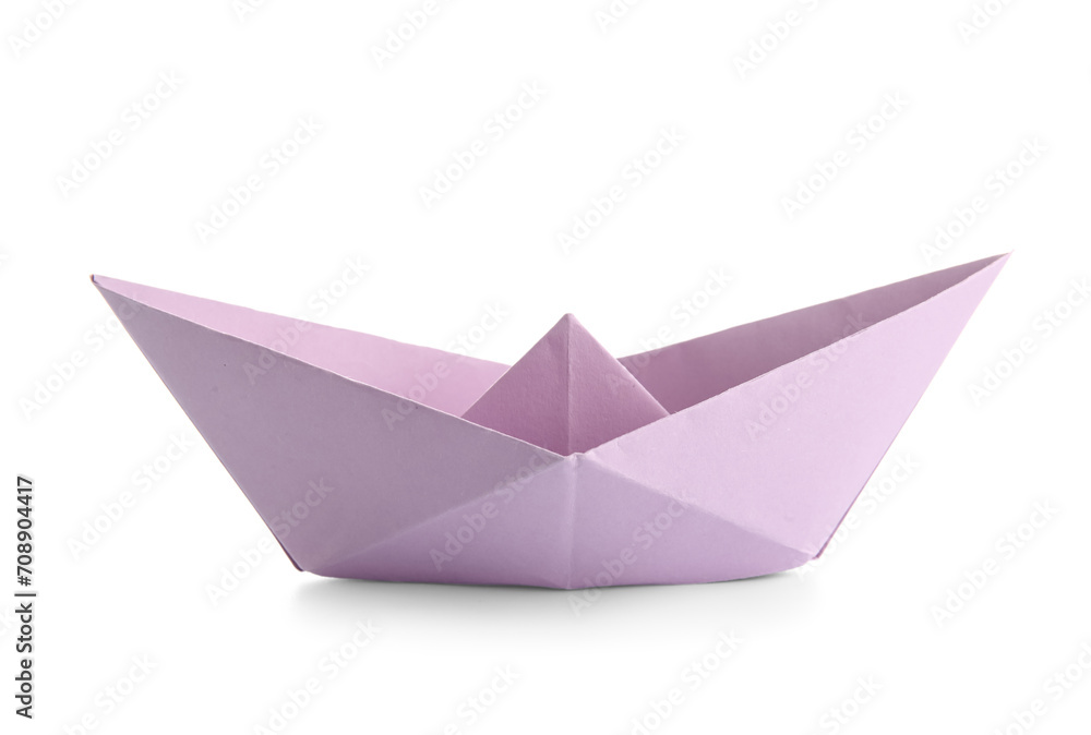 Pink origami boat on white background