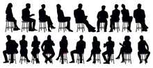 Silhouettes Of Business People, Men And Women Sitting On Stool Full Length. Vector Illustration Isolated On Transparent Background.