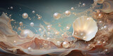 Fototapeta  - on the waves of the raging ocean there are many shining mother-of-pearl pearls and a shell, glamorous desktop wallpaper, background, cover,