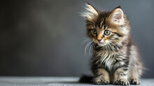 Little Fluffy Kitten On A Gray Background, Nice Little Kitten Looking With Big Eyes. AI Generative