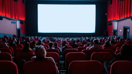 Cinema blank wide screen and people in red chairs in the cinema hall. Blurred People silhouettes watching movie performance.