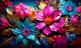 Fototapeta  - Cartoon fantasy illustration in the style of meticulous fantasy and sense of awe, tropical flowers, gold, azure and magenta. vivid 3D. Generative Ai

