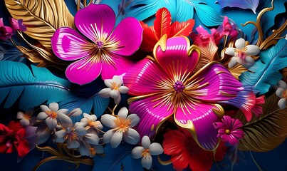 Wall Mural - Cartoon fantasy illustration in the style of meticulous fantasy and sense of awe, tropical flowers, gold, azure and magenta. vivid 3D. Generative Ai

