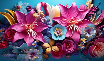 Wall Mural - Cartoon fantasy illustration in the style of meticulous fantasy and sense of awe, tropical flowers, gold, azure and magenta. vivid 3D. Generative Ai

