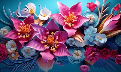 Wall Mural - Cartoon fantasy illustration in the style of meticulous fantasy and sense of awe, tropical flowers, gold, azure and magenta. vivid 3D. Generative Ai

