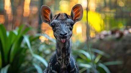 Canvas Print -  a close - up of a hyena's face with it's tongue hanging out in front of a forest of green plants and trees in the background.